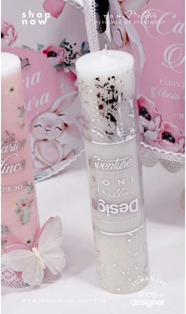 Lumanare botez scurta cu fluturi si print folio silver argintiu Spring Butterfly 2